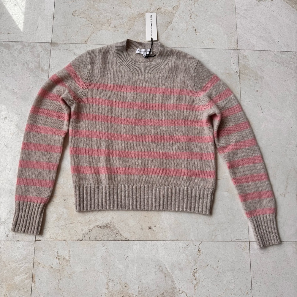 White & Warren Cashmere Pink and Cream Stripe Sweater size XS